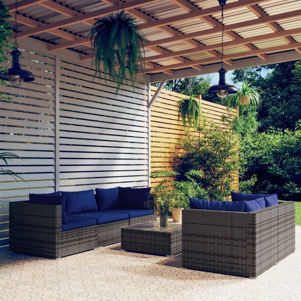 vidaXL Garden Lounge Set Gray Rattan with Dark Blue Cushions PE Rattan