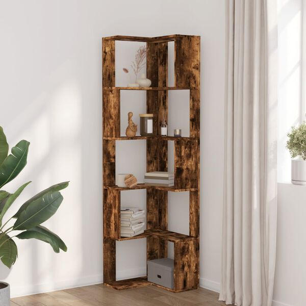 vidaXL Corner Bookcase 5-Tier Smoked Oak 19.7x19.7x70.5" Engineered Wood