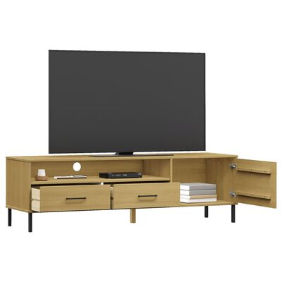 vidaXL TV Stand with Metal Legs Brown Solid Wood Pine OSLO