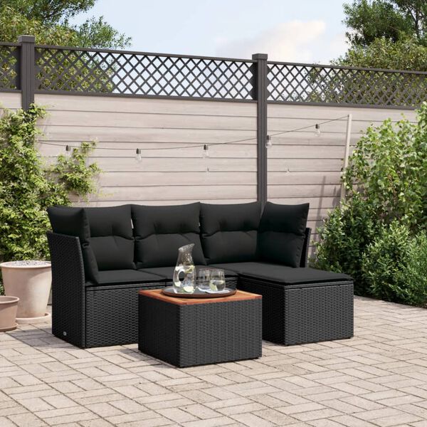vidaXL Garden Sofa Set Black Poly Rattan, Powder-Coated Steel, Acacia Wood