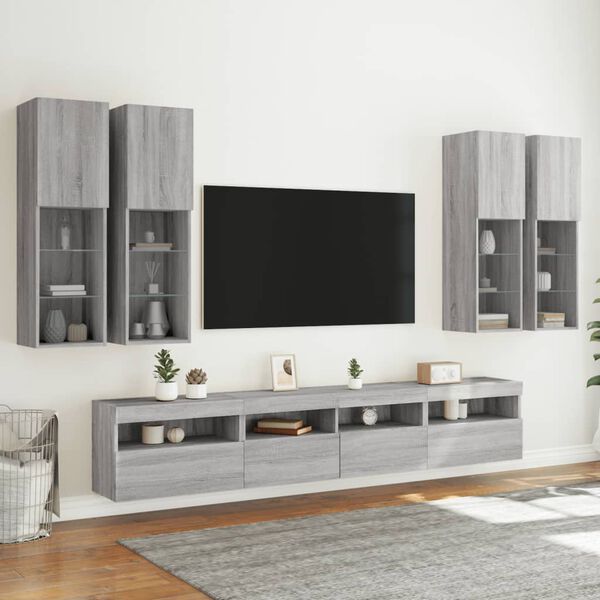 vidaXL 7 Piece TV Wall Stand Set with LED Lights Gray Sonoma