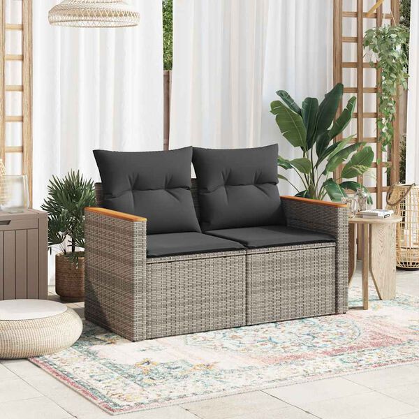 vidaXL Garden Sofa Grey PE Rattan, Powder-Coated Steel, Solid Acacia Wood
