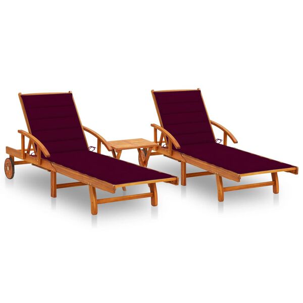 vidaXL Sun Lounger Wine red cushions Solid acacia wood, 100% polyester
