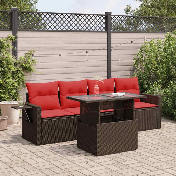 vidaXL 5 Piece Patio Sofa Set with Cushions Brown Poly Rattan Acacia