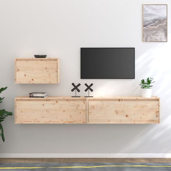 vidaXL TV Cabinet Set of 3 Natural Pine Solid Pinewood Floating Cabinet
