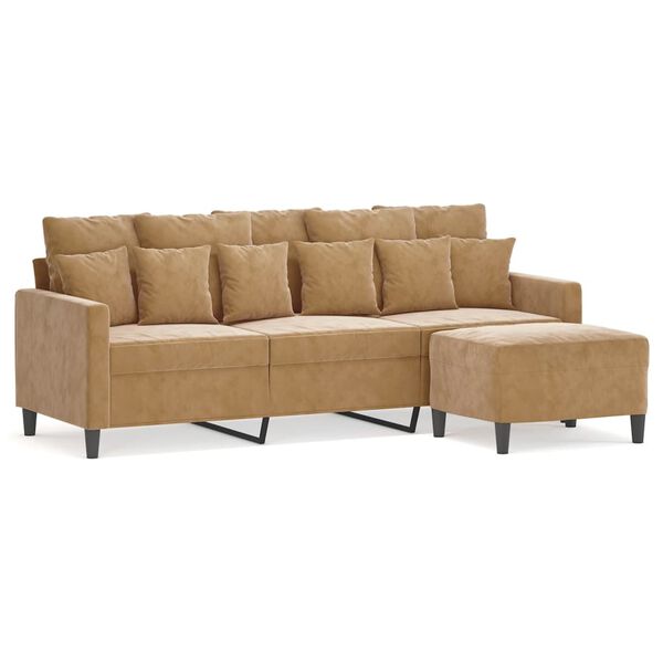vidaXL 3-Seater Sofa With Footstool Brown Velvet Standard Modern