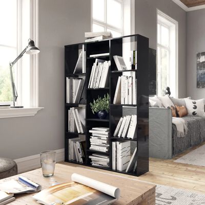 vidaXL Room Divider/Book Cabinet High Gloss Black 39.4"x9.4"x55.1" Engineered Wood