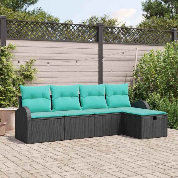 vidaXL Sofa Set with Cushion 5 pcs Black and Turquoise Poly Rattan