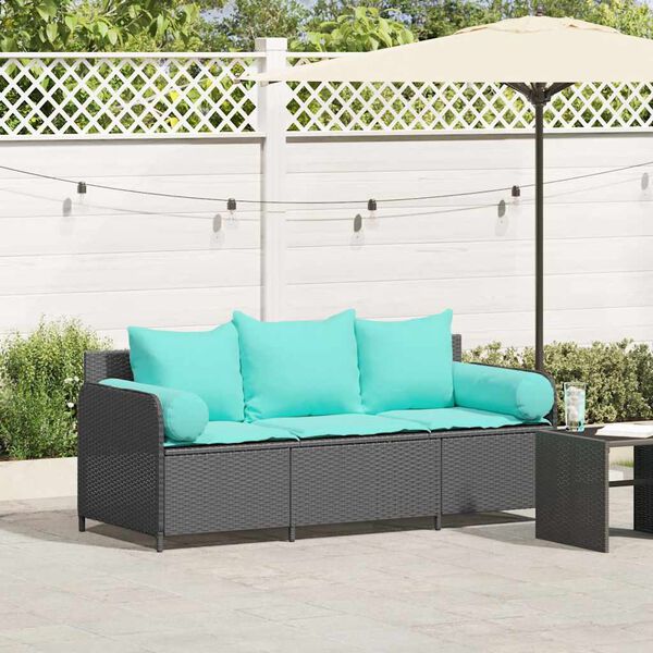 vidaXL Patio Sofa with Cushions 3-Seater Black Poly Rattan