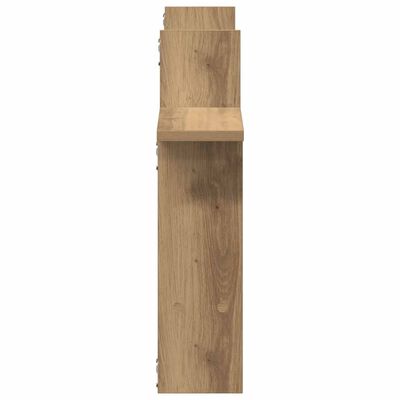 Close-up side view of a wooden shelf showing vertical support and shelf surface.