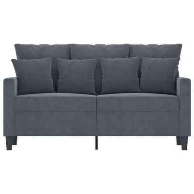 Grey loveseat with two-seat cushions and five back cushions, straight arms, and short tapered legs.