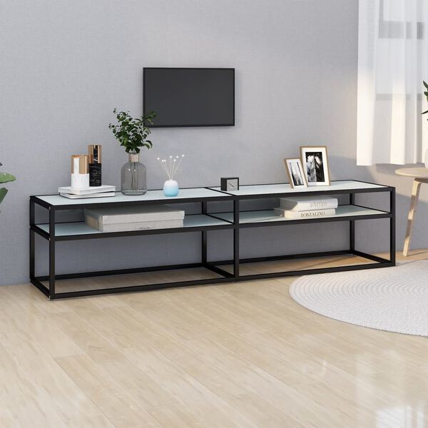 vidaXL TV Cabinet Black and White Marble Tempered Glass, Powder-Coated Steel