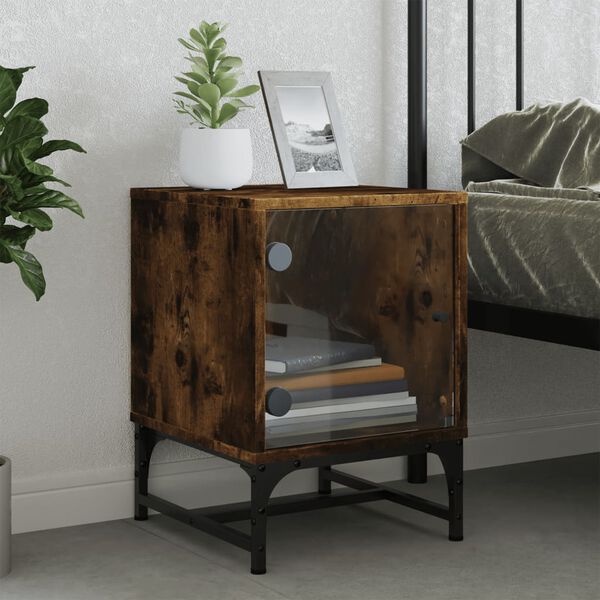 vidaXL Bedside Cabinet Set of 2 Smoked oak Engineered wood, glass, steel