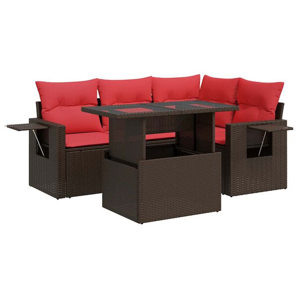 vidaXL 5 Piece Patio Sofa Set with Cushions Brown Poly Rattan Acacia