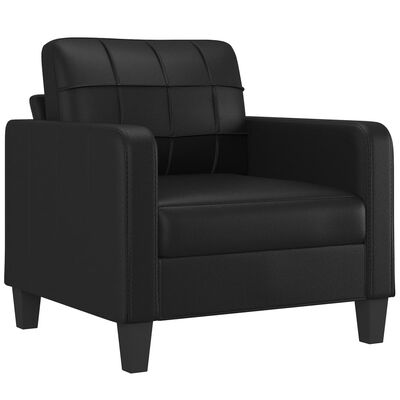 Close-up of a black leather armchair with square arms and cushioned back.