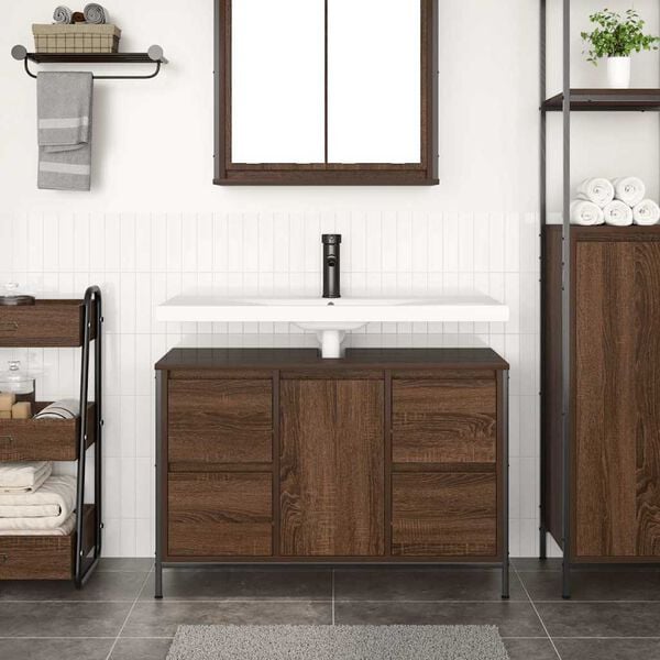 vidaXL Basin Cabinet Brown oak Engineered wood, steel 35.4x13.6x23.6 in