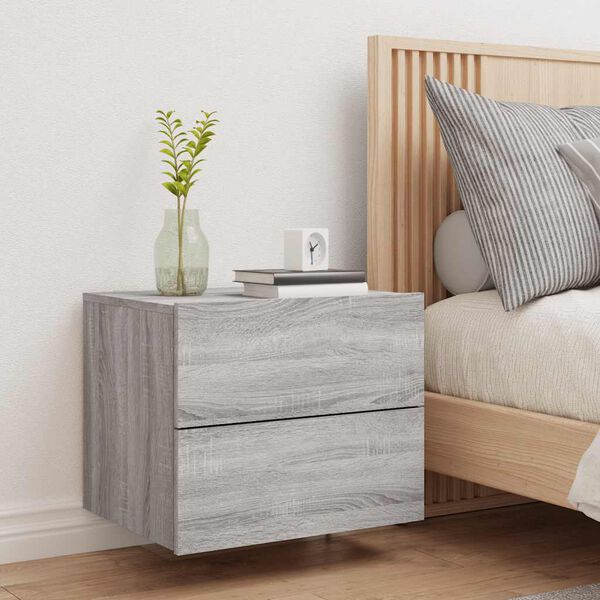 vidaXL Wall-mounted Bedside Cabinet with LED Lights Gray Sonoma