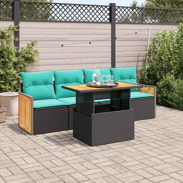 vidaXL 5 Piece Patio Sofa Set with Cushions Black Poly Rattan Acacia