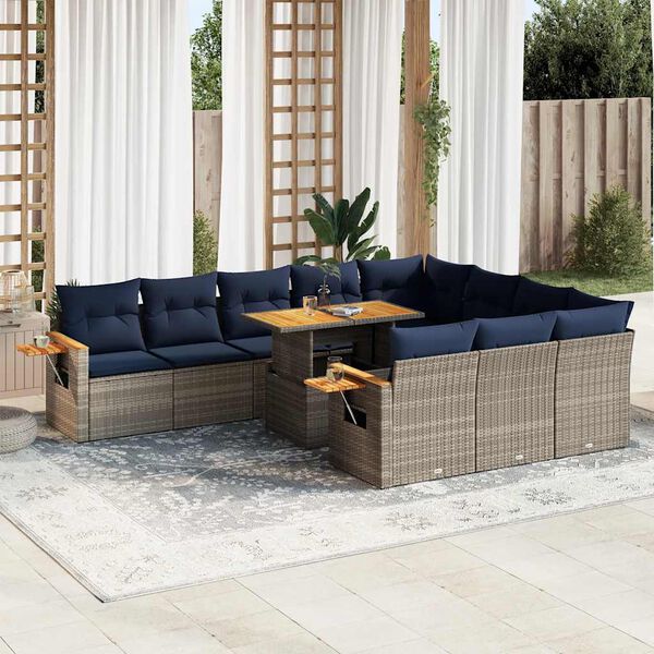 vidaXL 11 Piece Patio Sofa Set with Cushions Gray Poly Rattan Acacia