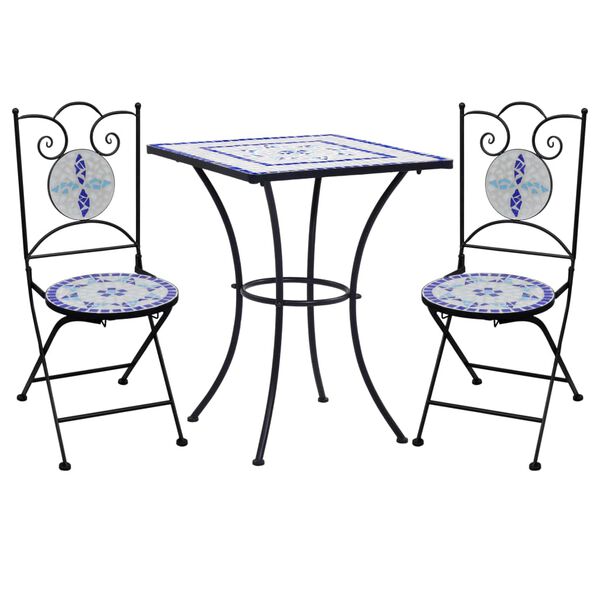 vidaXL Mosaic Bistro Set Blue and white Powder-coated iron and ceramic tiles
