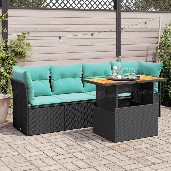 vidaXL 5 Piece Patio Sofa Set with Cushions Black Poly Rattan
