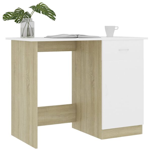 vidaXL Desk White and Sonoma Oak Engineered Wood Medium Desk