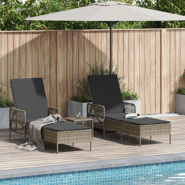 vidaXL Sun lounger Reclining 2 pcs Gray 35 x 35 x 32cm poly rattan
