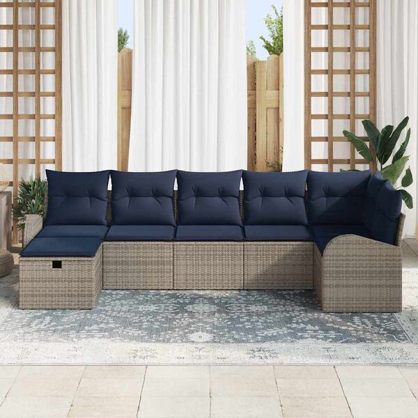 vidaXL Sofa Set with Cushion with Storage Grey and Navy Poly Rattan