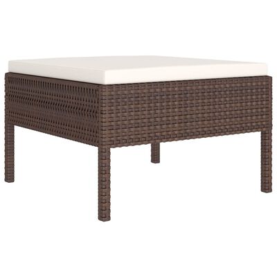 Brown woven ottoman with white cushion top, solid wicker base.