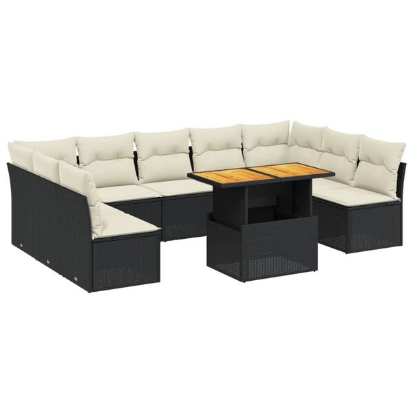 vidaXL Garden Sofa Set Black and Cream White PE Rattan 10-Piece Set