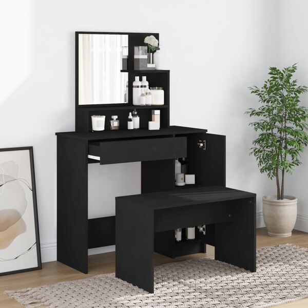 vidaXL Dressing Table Set Black Engineered wood, Acrylic Mirror