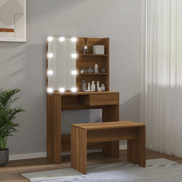vidaXL Dressing Table Set With LED Brown Oak Engineered wood, Acrylic