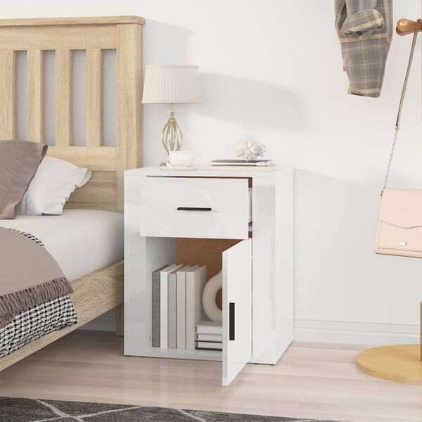 vidaXL Bedside Cabinet High gloss white Engineered wood 19.7x14.2x23.6 in