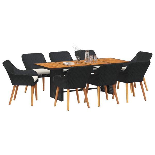 vidaXL Garden Dining Set with Cushion 9 pcs Black Poly Rattan