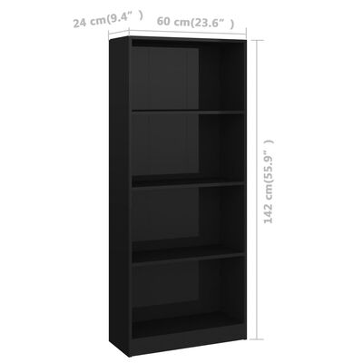 vidaXL 4-Tier Book Cabinet High Gloss Black 23.6"x9.4"x55.9" Engineered Wood