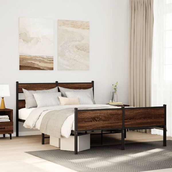 vidaXL Bed Frame Brown Oak Steel, Engineered Wood 55.1x78.7 in Bed Frame