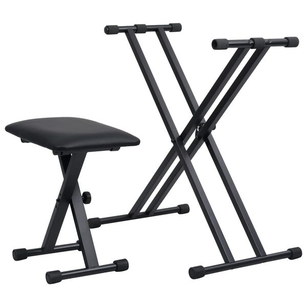 vidaXL Double Braced Keyboard Stand and Stool Set Black