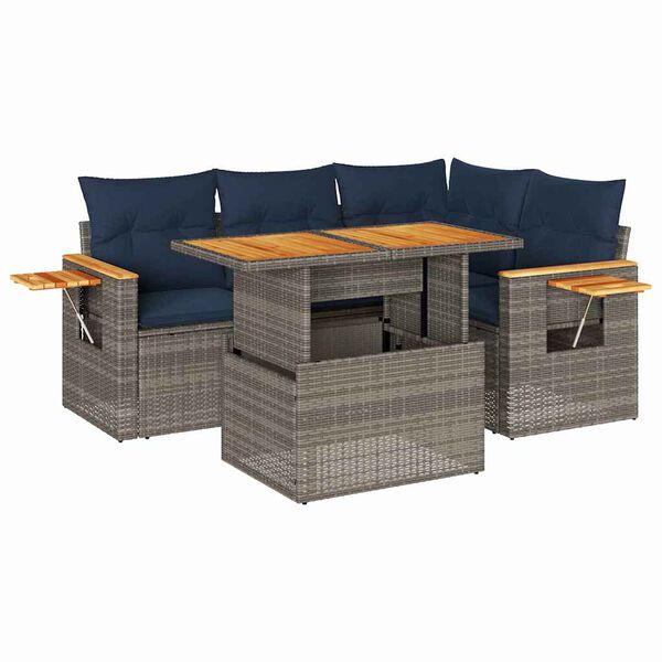 vidaXL 5 Piece Patio Sofa Set with Cushions Gray Poly Rattan Acacia