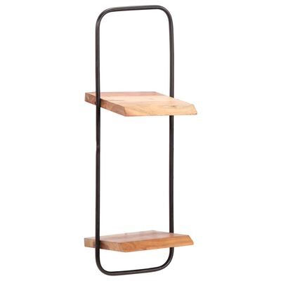 Tall wall shelf with two wooden shelves and a slim black metal frame forming a tall, narrow unit.