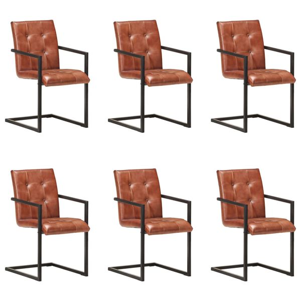 vidaXL Dining Chair Set of 6 Brown Genuine leather, powder-coated steel
