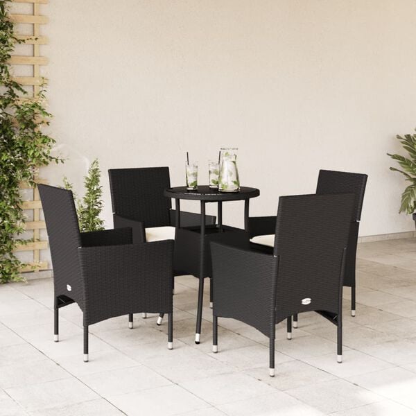 vidaXL 5 Piece Patio Dining Set with Cushions Black Poly Rattan and Glass