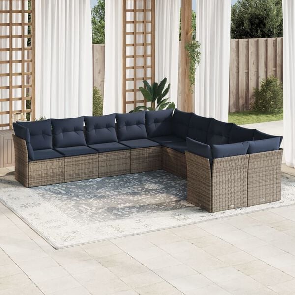vidaXL 10 Piece Patio Sofa Set with Cushions Gray Poly Rattan