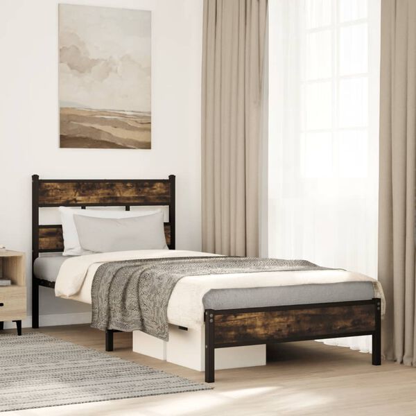 vidaXL Bed Frame Smoked Oak Steel, Engineered Wood Small Single