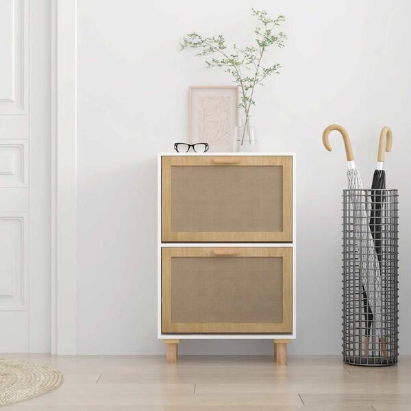 vidaXL Shoe Cabinet White 20.5x9.8x31.5" Engineered Wood&Natural Rattan