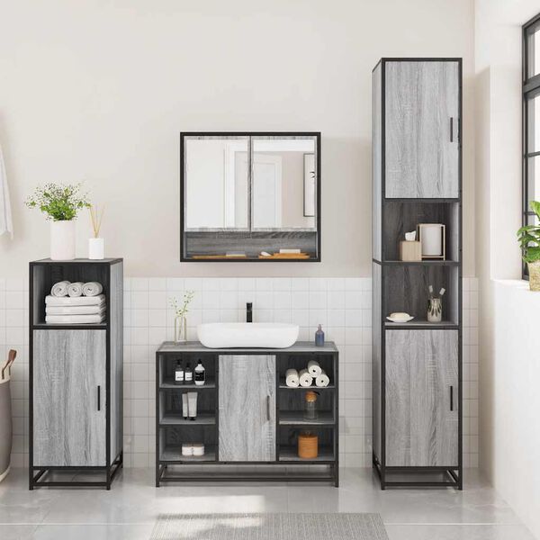 vidaXL Bathroom Furniture Set Grey Sonoma Engineered wood, metal, glass