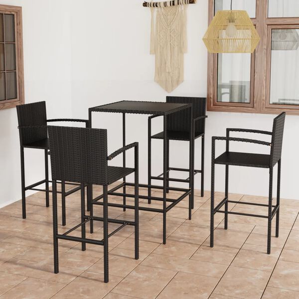 vidaXL Garden Bar Set Black PE rattan, powder-coated steel, tempered glass