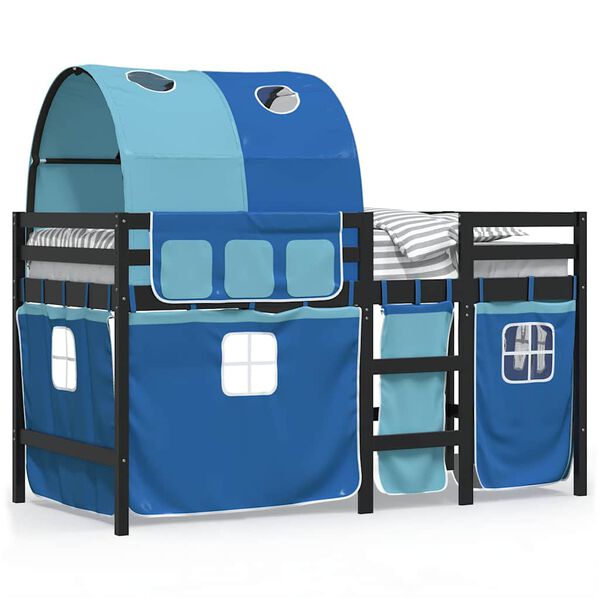 vidaXL Kids'Loft Bed Black and Blue Solid Pine Wood, Polyester Curtains