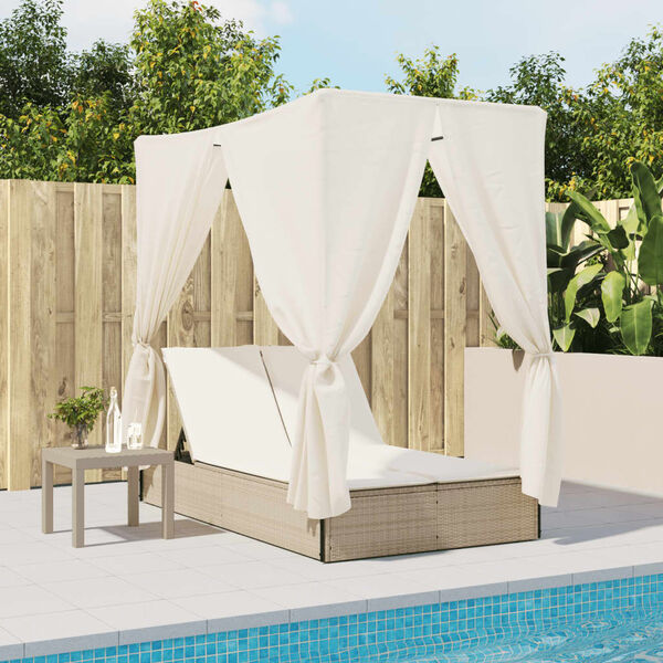 vidaXL Double Sun Lounger with Roof and Curtains Beige Poly Rattan
