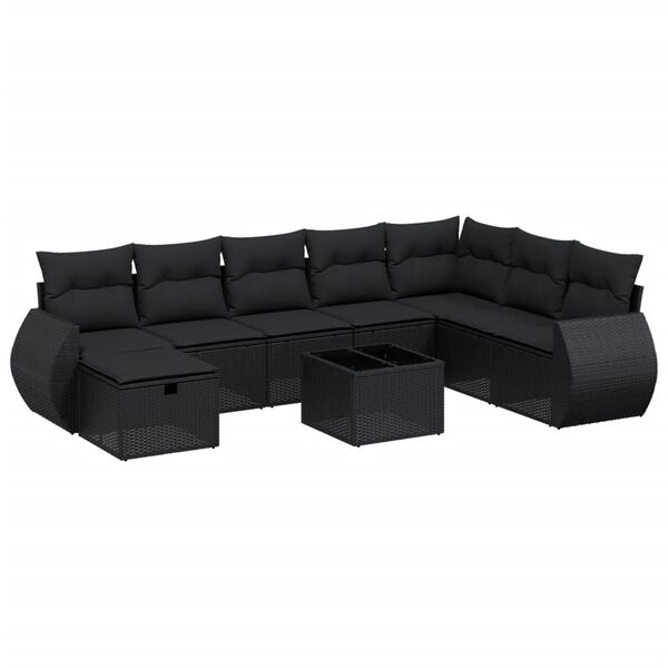 vidaXL Garden Sofa Set Black Poly Rattan, Tempered Glass Large Modular