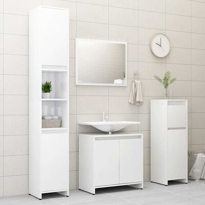 Full bathroom furniture set including tall cabinet, mirror, vanity with sink, and storage cabinet.
